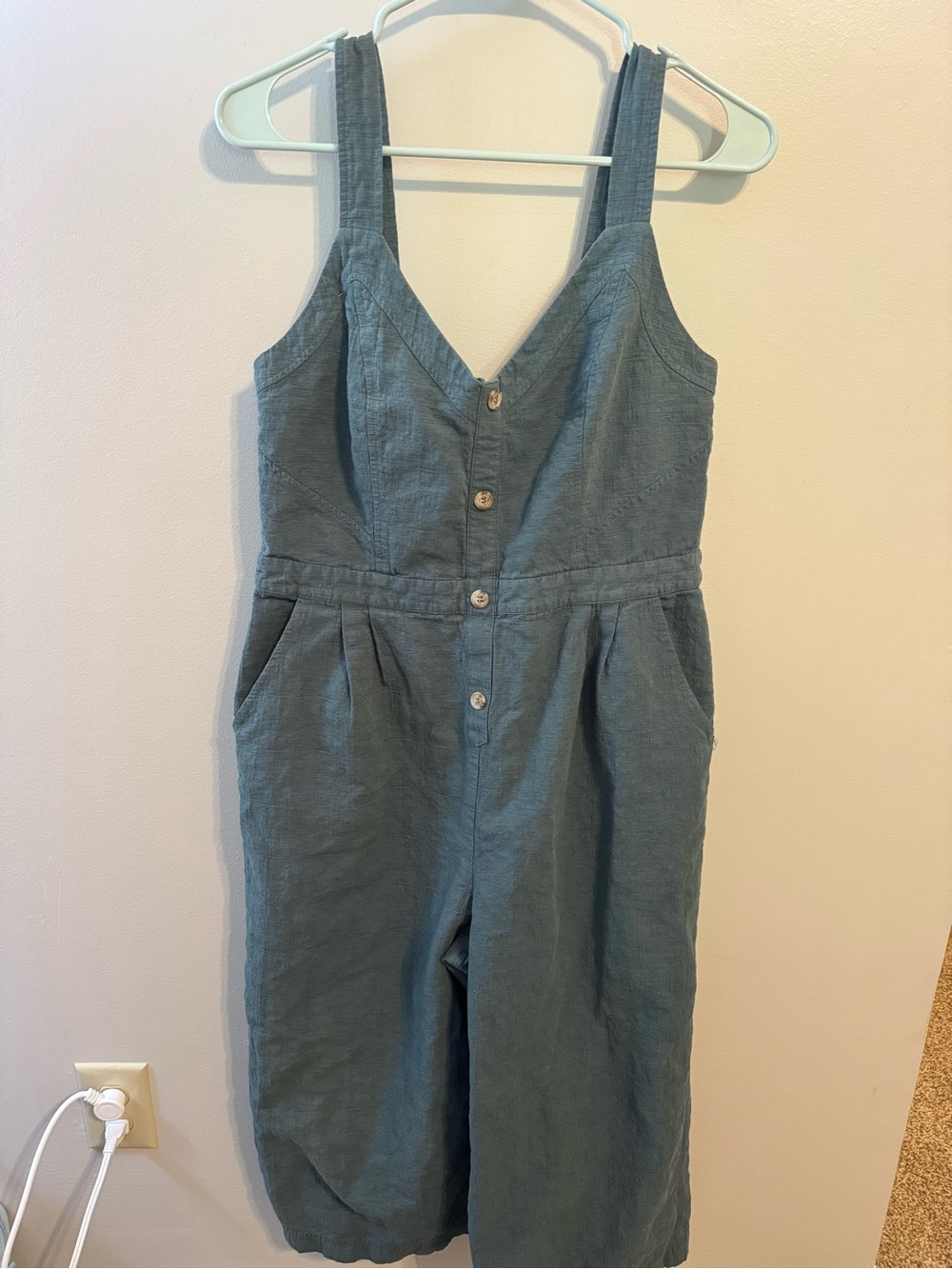 Womens Blue Button-Front One-Piece Jumpsuit